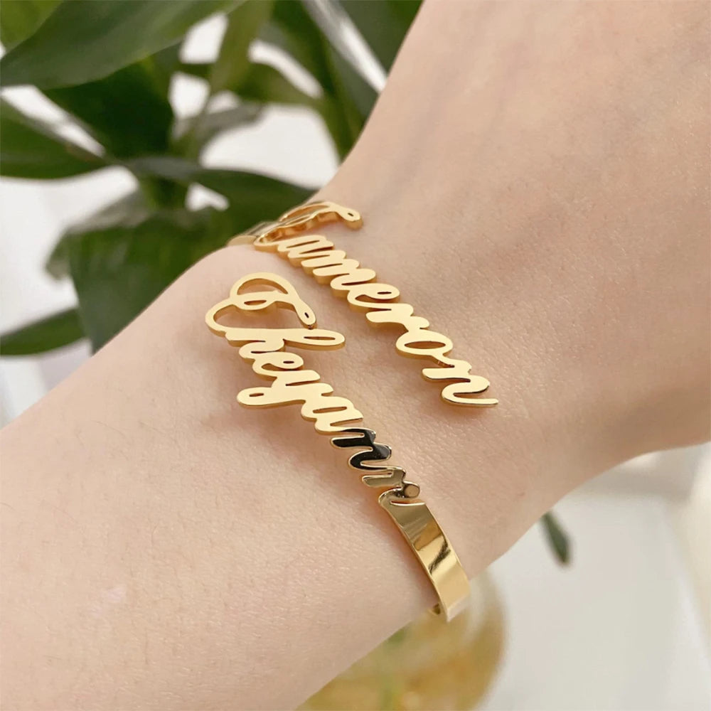 Customized Name Women's Bracelet Stainless Steel Open Bracelet Personalized Double Name Couple Bracelet Christmas Jewelry Gift