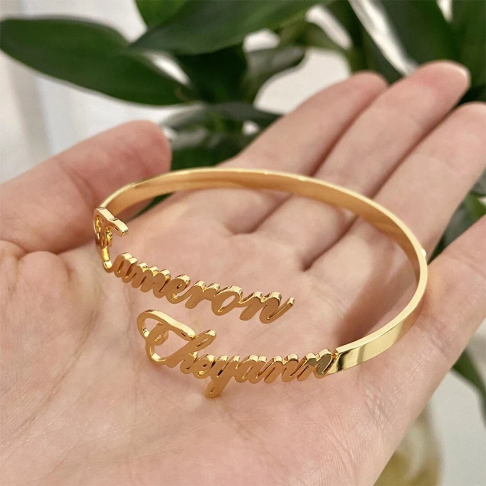 Customized Name Women's Bracelet Stainless Steel Open Bracelet Personalized Double Name Couple Bracelet Christmas Jewelry Gift